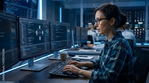 Software Developer Focused on Code Woman Works on Multi monitor System
