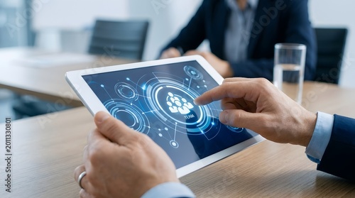 Teamwork Man Using Tablet with Team Icon for Collaboration Business Growth