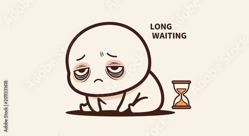 Foto Sad, tired character with dark circles under eyes, waiting with hourglass