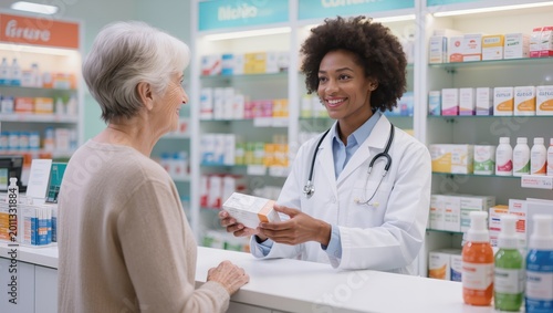 Pharmacist assisting senior customer in pharmacy
