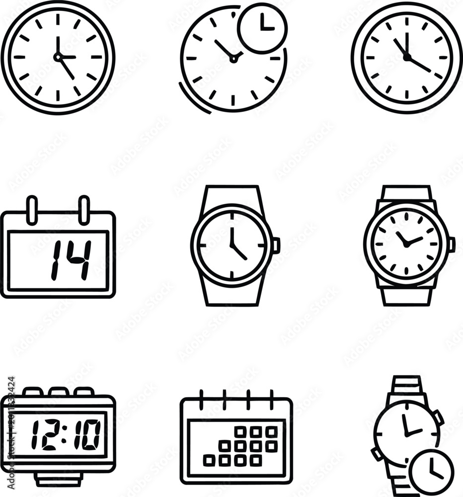 Fototapeta premium Time management icons set clocks watches calendars and digital timers in linear style