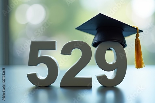 529 with a graduation hat: Symbolizing college savings in a reflective close-up photo