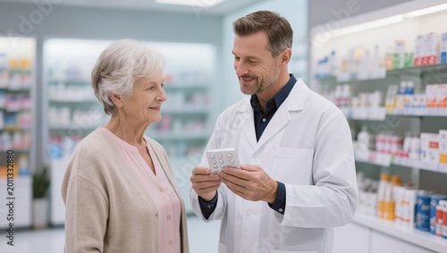 Pharmacist assisting senior customer in pharmacy