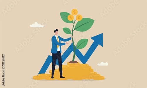 Investment, prosperity or earn more money from savings, mutual funds or opportunity to make profit and increase wealth, businessman investor hand holding money flower plant from pile of coins