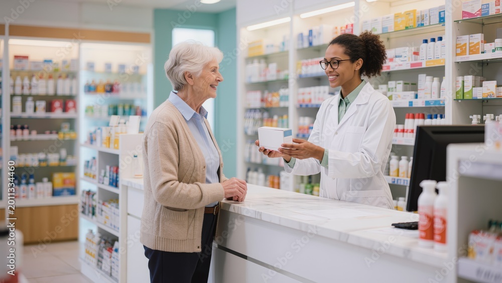 Obraz premium Pharmacist assisting senior customer in pharmacy
