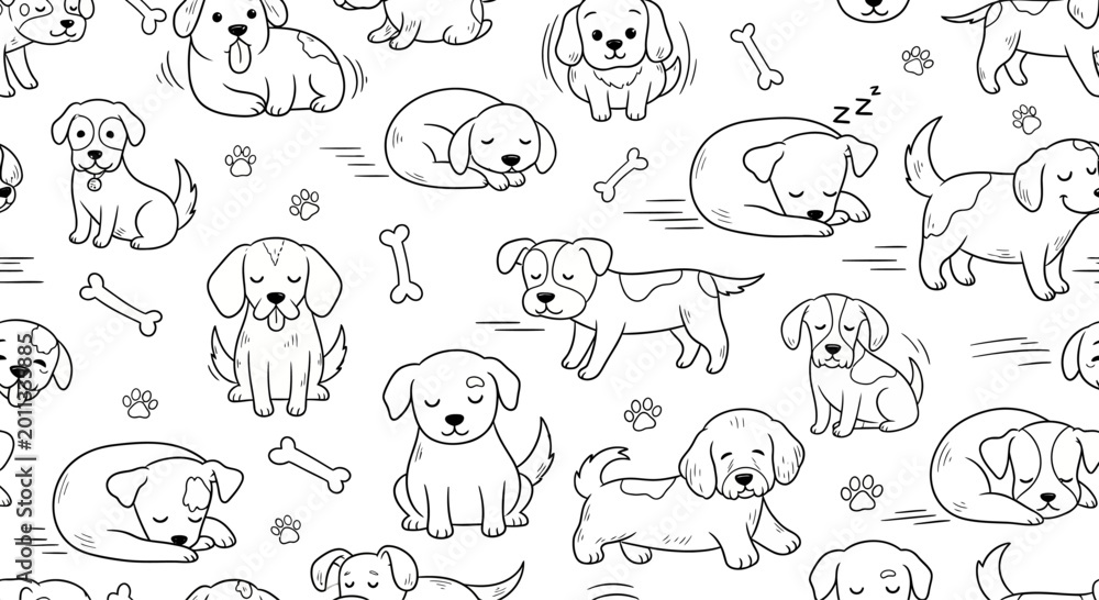 Fototapeta premium Cute Puppy Dog Pattern Seamless Vector Illustration - Adorable Cartoon Dogs and Bones