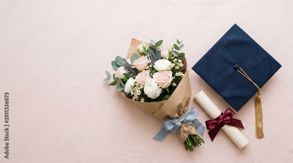 Obraz premium Graduation Flat Lay with Cap Diploma and Flower Bouquet