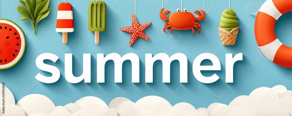 Fototapeta premium Paper cut summer illustration with playful beach icons and bold sky typography