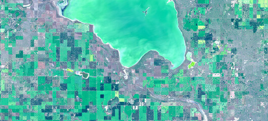 Gordijnen Koraalgroen Rural agricultural landscape with lake, Kansas, USA – satellite view, based on open data Category:  © M. Jurzyk