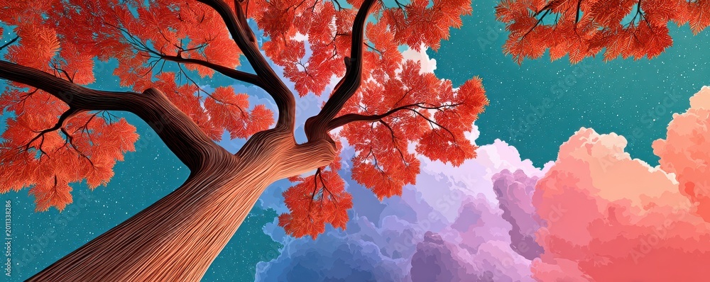 Obraz premium Tall red-leaf tree stretching upward against a dreamy colorful sky and clouds