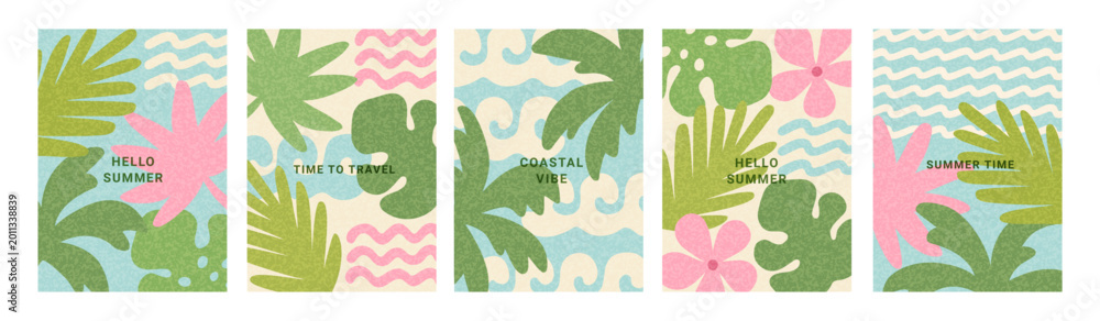Obraz premium Set of abstract summer card in doodle naive style. Modern poster with hand drawn tropical leaves, sea, wave, flowers. Vacation time, travel, beach concept. Trendy minimalist design for cover, banner.