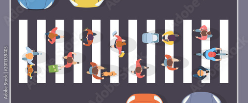 Foto Crosswalk top view with pedestrians on zebra crossing, city street traffic scene
