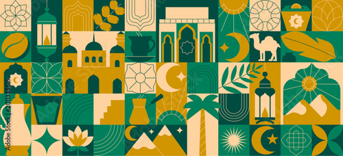 Mosaic Arabic Banner with Decorative Icons Seamless Islamic Geometric Pattern and Ornamental Symbols