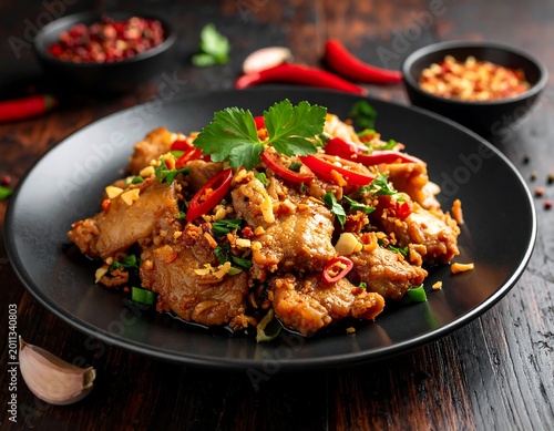 Pork stir-fry with chili and greens on black plate with dark wooden background, garnished