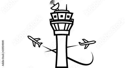Air traffic control tower with planes.