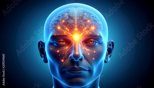 Glowing brain with neural network of vibrant orange energy exploding from forehead, representing cognitive thought process, intelligence and innovation, for conceptual ideas.