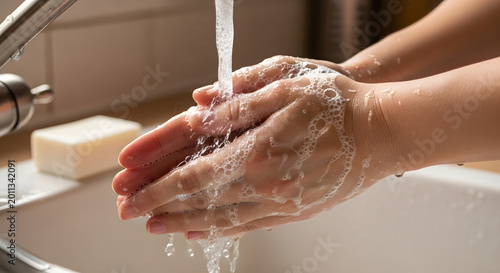 Close up of a person washing their hands with soap under a running faucet
