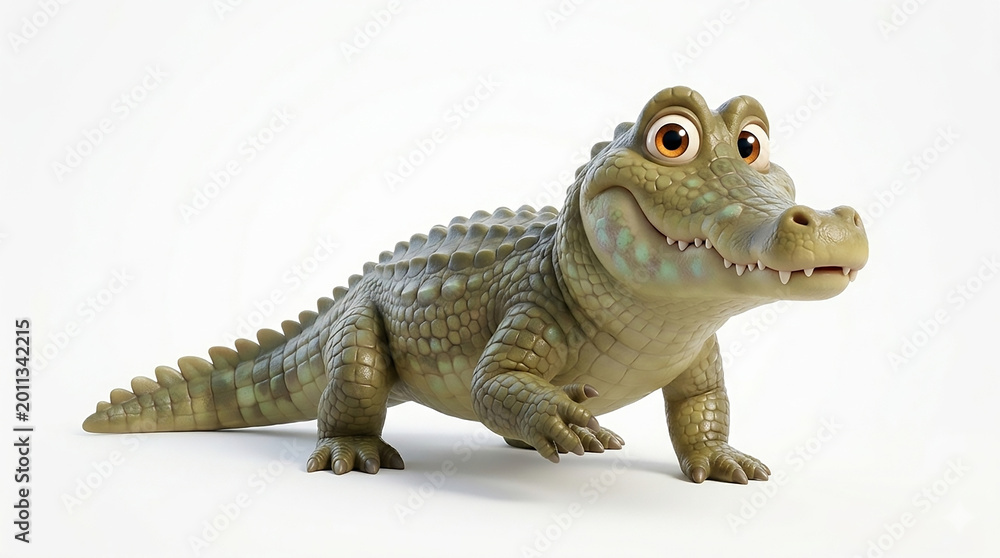 Fototapeta premium Cute 3D crocodile character smiling and walking isolated on white background, Adorable green alligator cartoon 3D render illustration, friendly reptile mascot, 3D digital art of a happy crocodile 