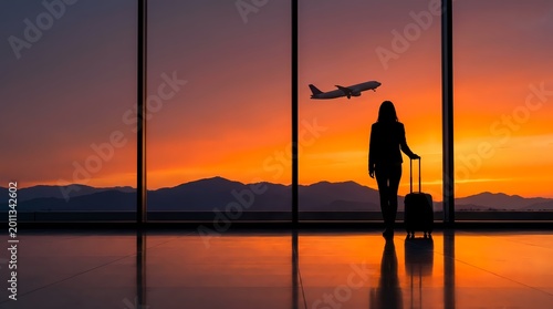 Traveler watching airplane take off at sunset airport terminal gate