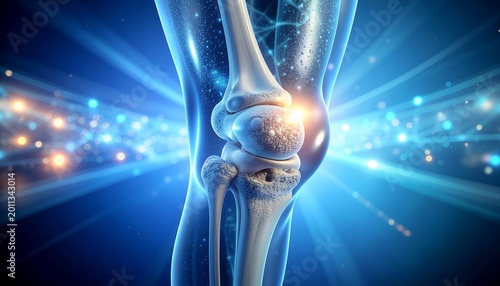 Human knee joint anatomical illustration with glowing blue light energy pathways, showing detailed bone structure and connective tissue, symbolizing health, medical science, and physical well-being.