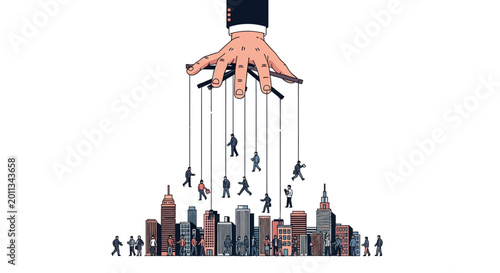 Foto Hand controlling puppets on strings downtown.