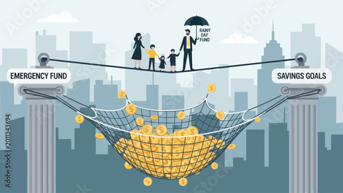 Bild auf Leinwand Family on tightrope with umbrella savings.
