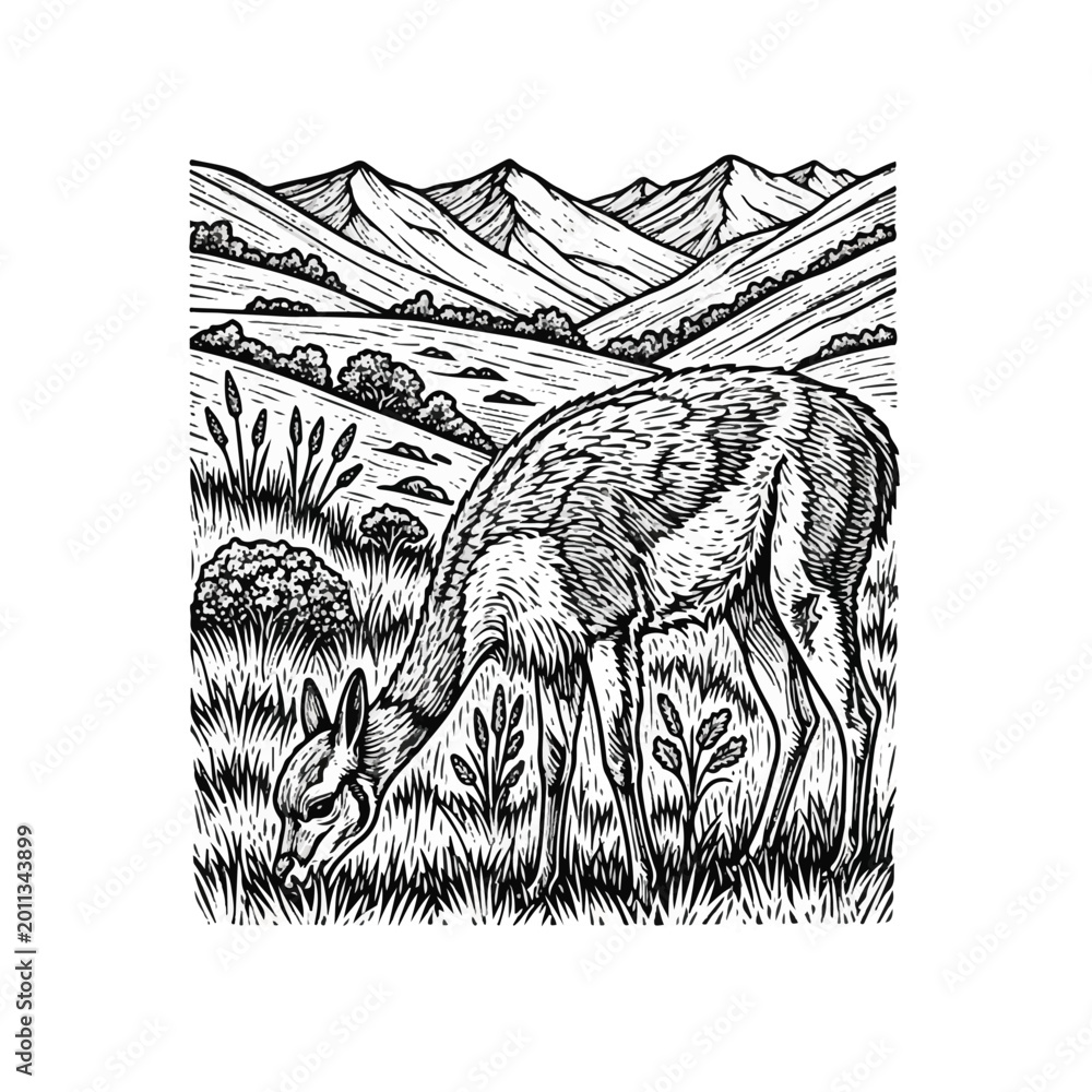 Fototapeta premium Detailed drawing of a grazing llama.