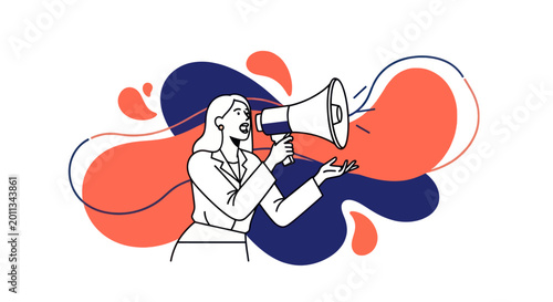 Foto Woman Speaking Through Megaphone Loudly.