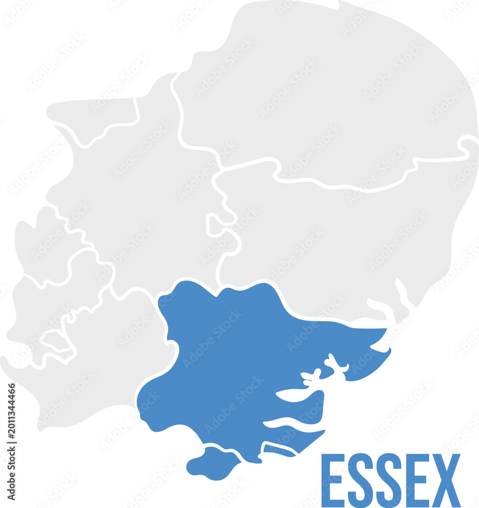 Obraz premium Essex county highlighted in East of England region map, simplified flat design, blue and grey isolated design, labeled