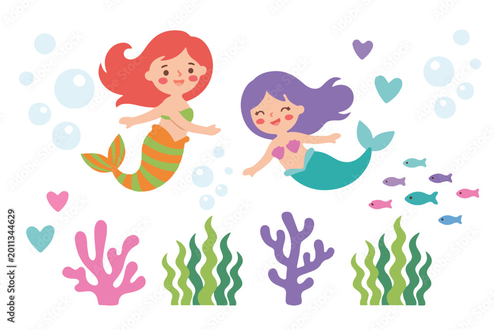 Fototapeta premium Cute mermaids swimming underwater with coral reef and sea plants flat vector illustration