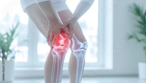 Person's knee with visible inflammation and pain, highlighted joint with red glow, depicting medical condition of ailment or injury, for healthcare and wellness communication