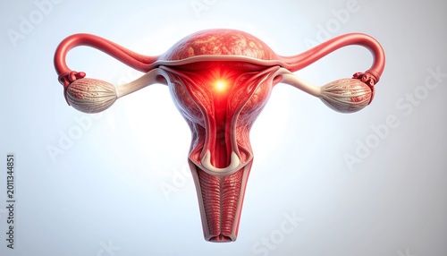 Realistic 3D anatomical model of the female reproductive system, detailed uterus, fallopian tubes, and ovaries, with a bright focus on the uterus, symbolizing fertility, conception