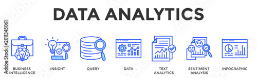 Data Analytics  Banner Web  Icon Set Collection Pack Vector Illustration Concept Containing Business Intelligence, Insight, Query, Data, Text Analytics, Sentiment Analysis, Infographic