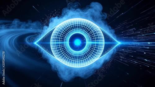 Futuristic digital eye with blue glowing iris and geometric wireframe mesh structure
