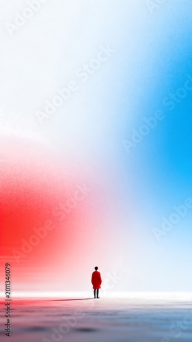 Lonely Figure in Red Coat Standing Between Dual Color Gradient Space