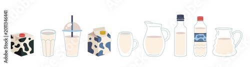 Foto Set of milk containers like carton, bottle, glass and jug