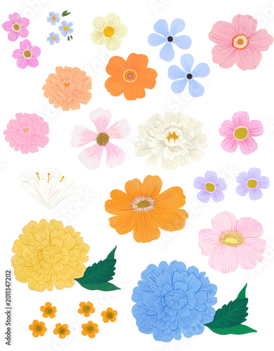 Collection of hand painted florals, pink, blue, yellow small petite flower icons
