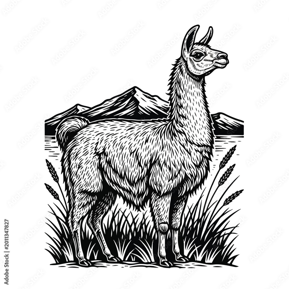 Fototapeta premium Llama standing in grassy field looking right.