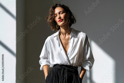 Elegant Fashion Portrait of Model Wearing Classic White Blouse and Dark Trousers, Natural Light Illumination, Warm Approachable Ambiance in Minimalist Space, Modern Editorial Lifestyle Composition