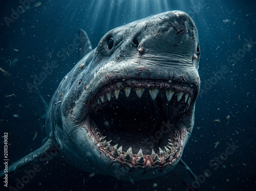 Cinematic close up megalodon with terrifying open jaws underwater