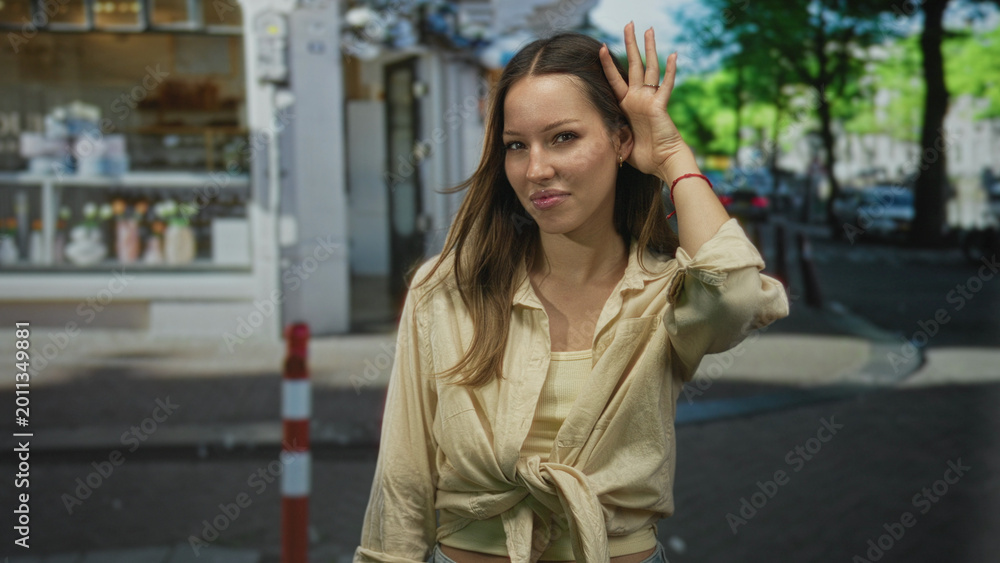 Fototapeta premium Woman cups hand to ear and leans forward on a busy city street near storefronts, listening to a distant sound; curiosity attention.