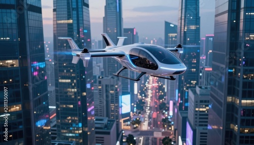 An eVTOL air taxi glides over the vibrant cityscape, showcasing advanced technology. The air taxi navigates between skyscrapers, highlighting the future of urban air transportation.