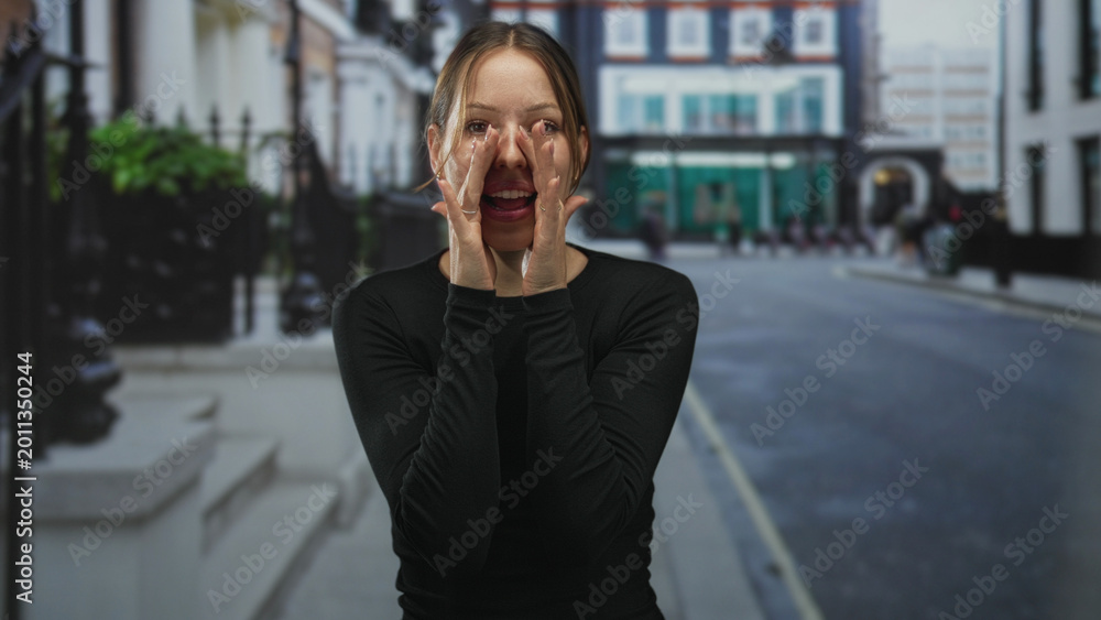 Fototapeta premium Young woman cupping hands to mouth while shouting on a street by building steps and iron fence; joy announcement.