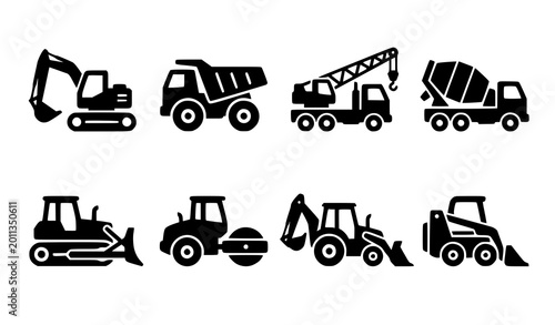 Obraz na płótnie Construction vehicle glyph icon set with heavy industrial transport silhouettes