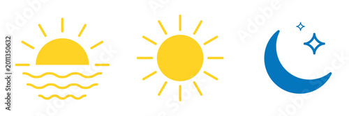 Morning sunrise, noon sun, and night moon with stars symbols.