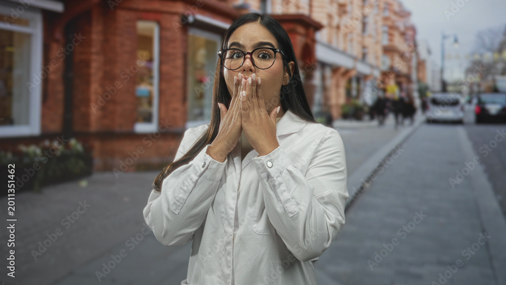 Fototapeta premium Young hispanic doctor woman in white coat covers mouth with hands on a busy street, wearing glasses, wide eyes visible and long hair; surprise.