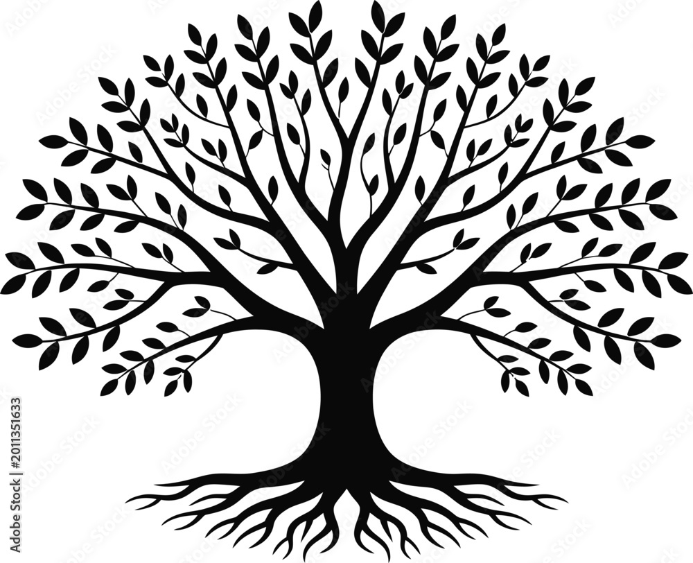 Obraz premium Black silhouette of a stylized tree with roots and leaves