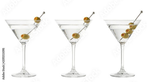 Garnish Arranged Classic Martini Cocktail Glasses with Green Olives Isolated on a Pure White Background