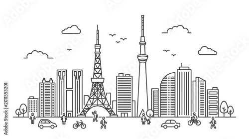 Foto Tokyo City Skyline Line Art Illustration Featuring Famous Urban Landmarks and Mo