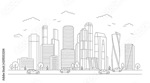 Minimalist City Line Drawing with Skyscrapers Office Buildings Street Life and Urban Architecture